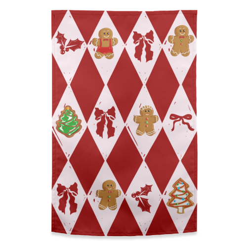 Red Harlequin Gingerbreadman Coquette Pattern - funny tea towel by EZbie