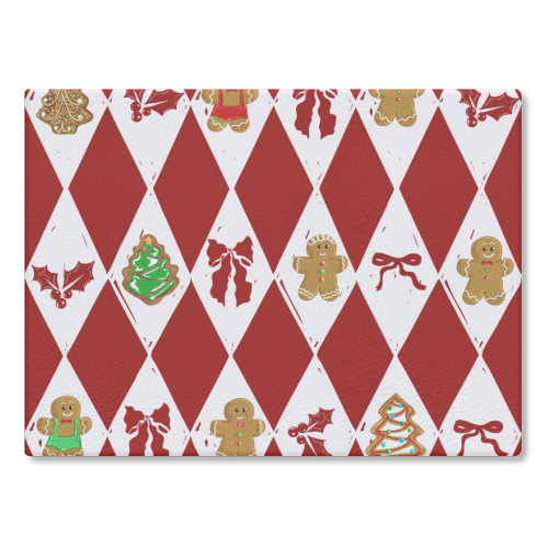 Red Harlequin Gingerbreadman Coquette Pattern - glass chopping board by EZbie