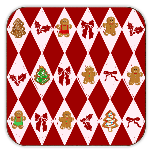Red Harlequin Gingerbreadman Coquette Pattern - personalised beer coaster by EZbie