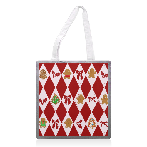 Red Harlequin Gingerbreadman Coquette Pattern - printed canvas tote bag by EZbie