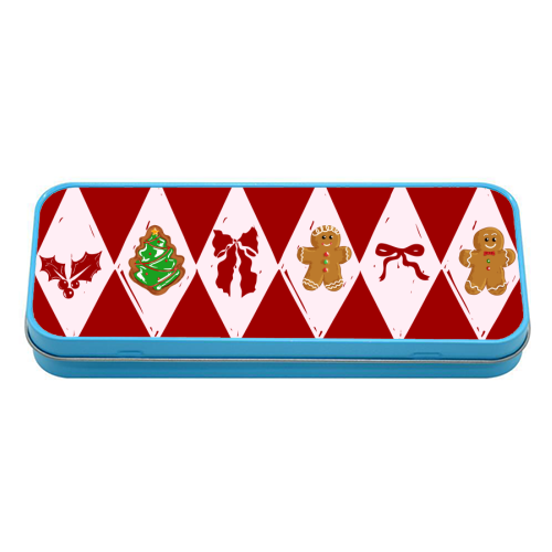 Red Harlequin Gingerbreadman Coquette Pattern - tin pencil case by EZbie