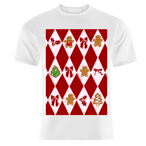 Red Harlequin Gingerbreadman Coquette Pattern - unique t shirt by EZbie
