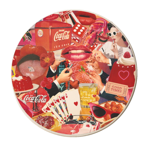 Red Hot Rebellion – Bold Retro Collage Print | Vintage Pop Culture Maximalist - personalised beer coaster by OhMC! Designs