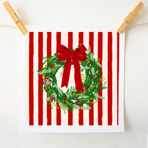 Red Retro Stripes Coquette Christmas Wreath Art - A1 - A4 art print by EZbie