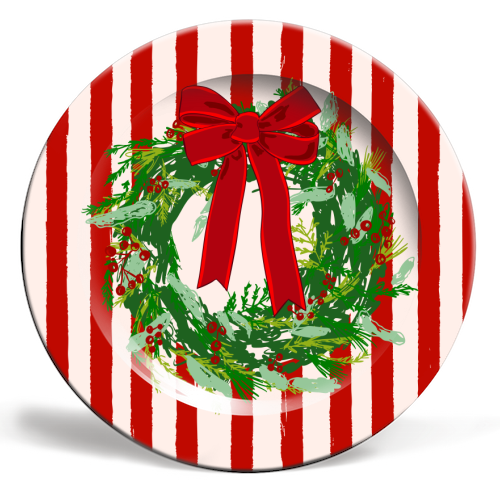 Red Retro Stripes Coquette Christmas Wreath Art - ceramic dinner plate by EZbie
