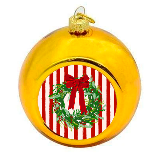 Red Retro Stripes Coquette Christmas Wreath Art - colourful christmas bauble by EZbie