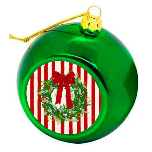 Red Retro Stripes Coquette Christmas Wreath Art - colourful christmas bauble by EZbie