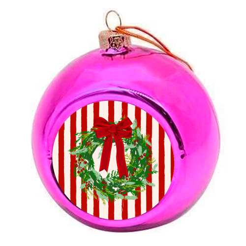Red Retro Stripes Coquette Christmas Wreath Art - colourful christmas bauble by EZbie