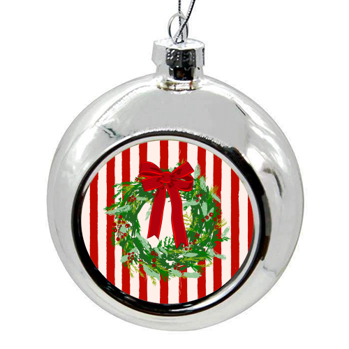 Red Retro Stripes Coquette Christmas Wreath Art - colourful christmas bauble by EZbie