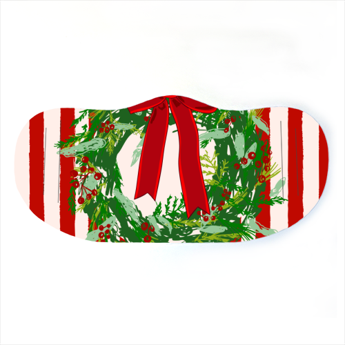 Red Retro Stripes Coquette Christmas Wreath Art - face cover mask by EZbie