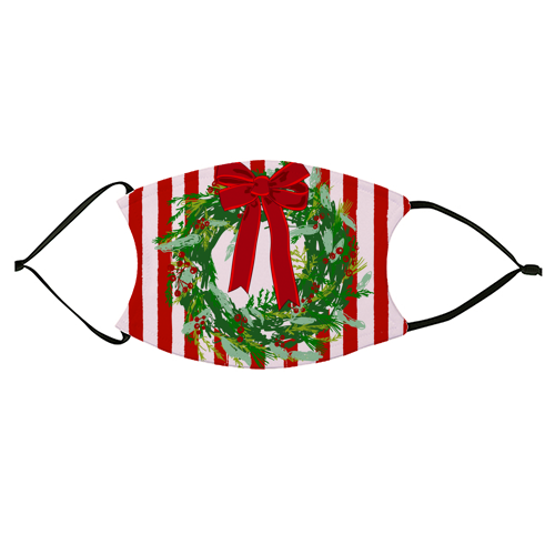 Red Retro Stripes Coquette Christmas Wreath Art - face cover mask by EZbie