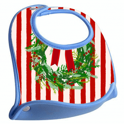 Red Retro Stripes Coquette Christmas Wreath Art - feeding bib by EZbie