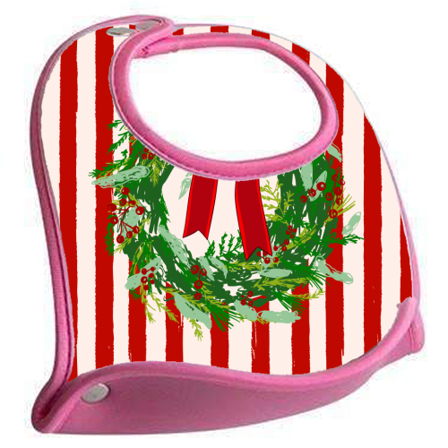 Red Retro Stripes Coquette Christmas Wreath Art - feeding bib by EZbie