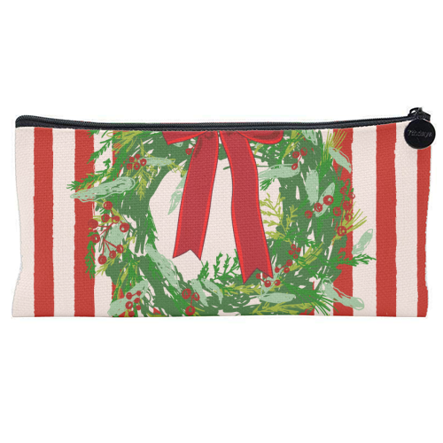 Red Retro Stripes Coquette Christmas Wreath Art - flat pencil case by EZbie