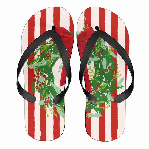 Red Retro Stripes Coquette Christmas Wreath Art - funny flip flops by EZbie