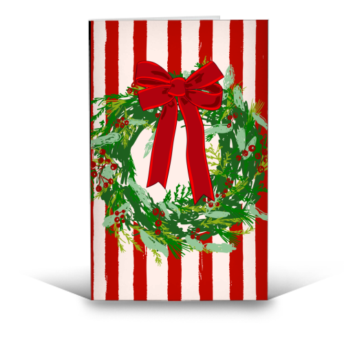 Red Retro Stripes Coquette Christmas Wreath Art - funny greeting card by EZbie