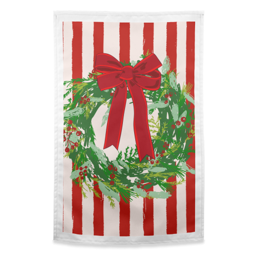 Red Retro Stripes Coquette Christmas Wreath Art - funny tea towel by EZbie