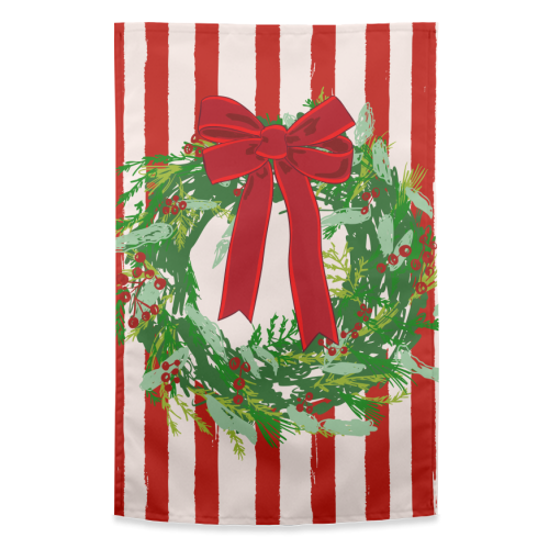 Red Retro Stripes Coquette Christmas Wreath Art - funny tea towel by EZbie