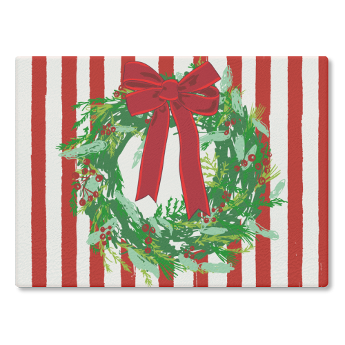 Red Retro Stripes Coquette Christmas Wreath Art - glass chopping board by EZbie