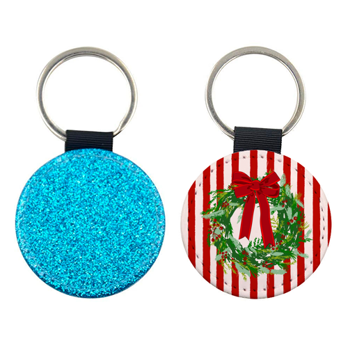 Red Retro Stripes Coquette Christmas Wreath Art - keyring by EZbie