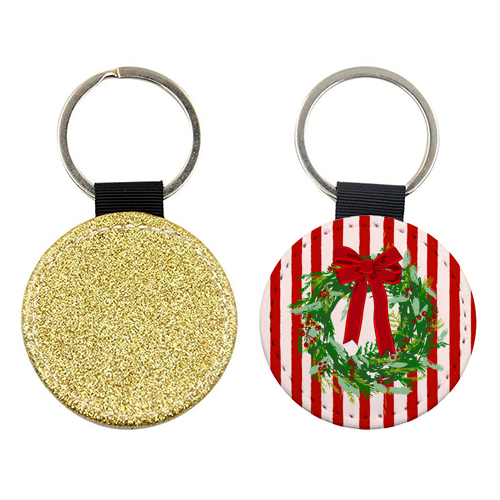 Red Retro Stripes Coquette Christmas Wreath Art - keyring by EZbie