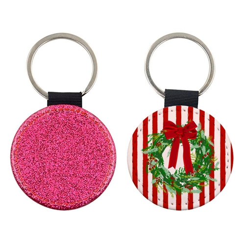 Red Retro Stripes Coquette Christmas Wreath Art - keyring by EZbie