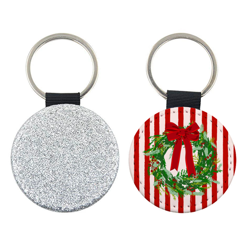 Red Retro Stripes Coquette Christmas Wreath Art - keyring by EZbie