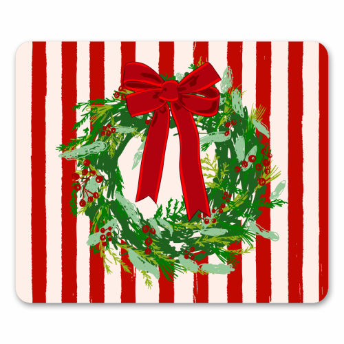 Red Retro Stripes Coquette Christmas Wreath Art - mouse mat by EZbie