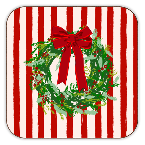 Red Retro Stripes Coquette Christmas Wreath Art - personalised beer coaster by EZbie