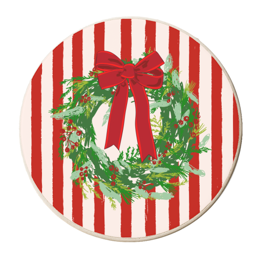 Red Retro Stripes Coquette Christmas Wreath Art - personalised beer coaster by EZbie