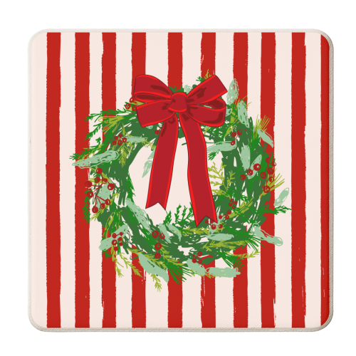 Red Retro Stripes Coquette Christmas Wreath Art - personalised beer coaster by EZbie