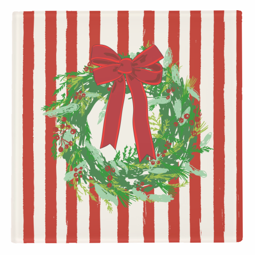 Red Retro Stripes Coquette Christmas Wreath Art - personalised beer coaster by EZbie