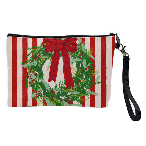 Red Retro Stripes Coquette Christmas Wreath Art - pretty makeup bag by EZbie