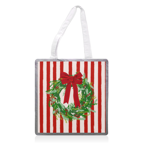 Red Retro Stripes Coquette Christmas Wreath Art - printed canvas tote bag by EZbie