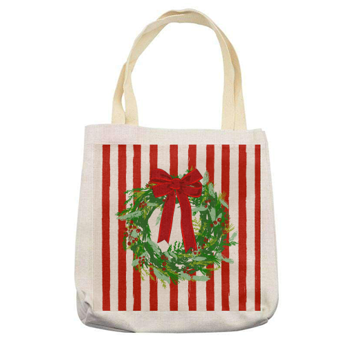 Red Retro Stripes Coquette Christmas Wreath Art - printed canvas tote bag by EZbie
