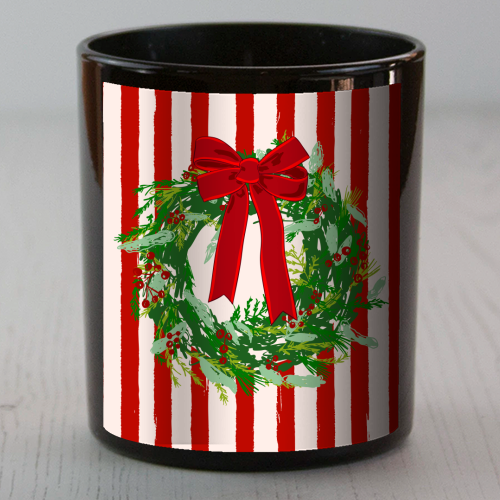 Red Retro Stripes Coquette Christmas Wreath Art - scented candle by EZbie