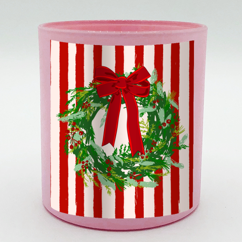 Red Retro Stripes Coquette Christmas Wreath Art - scented candle by EZbie