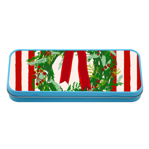 Red Retro Stripes Coquette Christmas Wreath Art - tin pencil case by EZbie