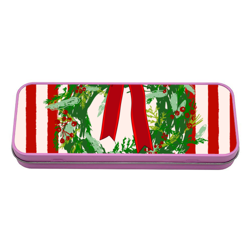 Red Retro Stripes Coquette Christmas Wreath Art - tin pencil case by EZbie