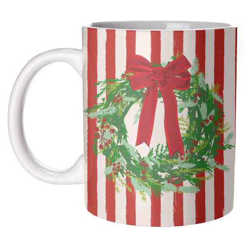Red Retro Stripes Coquette Christmas Wreath Art - unique mug by EZbie