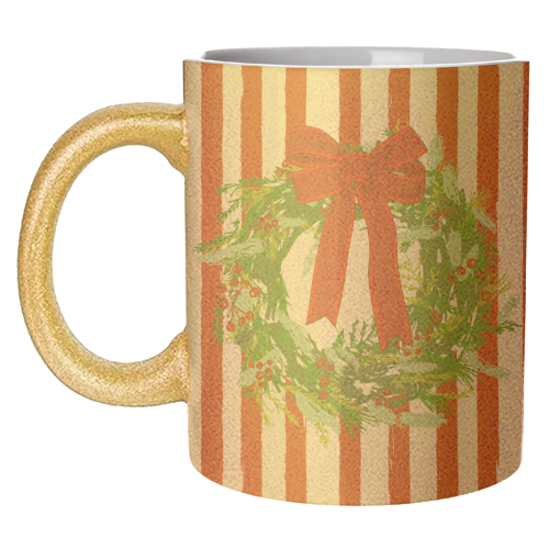 Red Retro Stripes Coquette Christmas Wreath Art - unique mug by EZbie