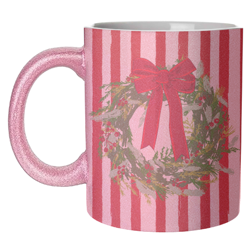 Red Retro Stripes Coquette Christmas Wreath Art - unique mug by EZbie