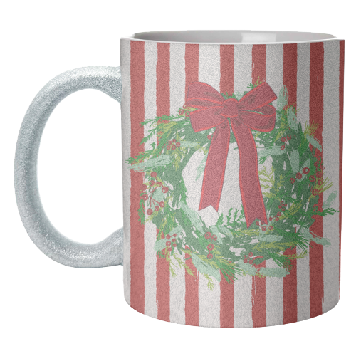 Red Retro Stripes Coquette Christmas Wreath Art - unique mug by EZbie