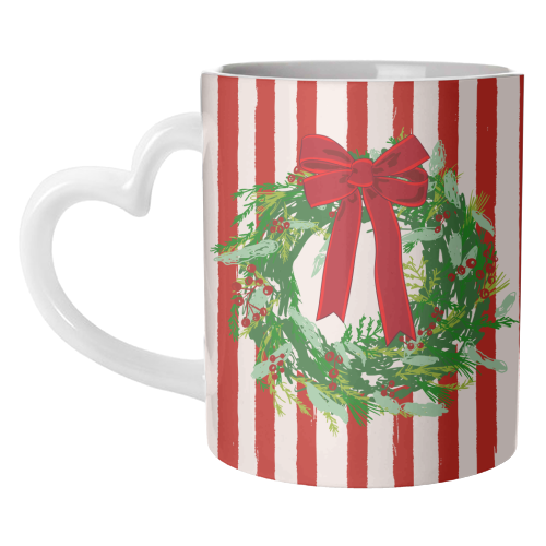 Red Retro Stripes Coquette Christmas Wreath Art - unique mug by EZbie