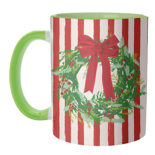 Red Retro Stripes Coquette Christmas Wreath Art - unique mug by EZbie