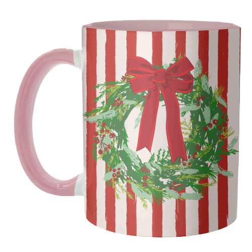 Red Retro Stripes Coquette Christmas Wreath Art - unique mug by EZbie