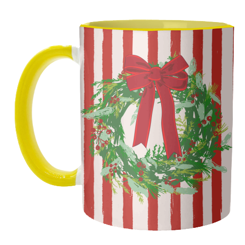 Red Retro Stripes Coquette Christmas Wreath Art - unique mug by EZbie