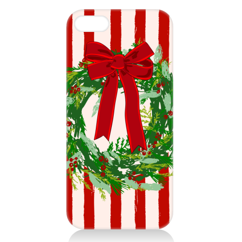 Red Retro Stripes Coquette Christmas Wreath Art - unique phone case by EZbie