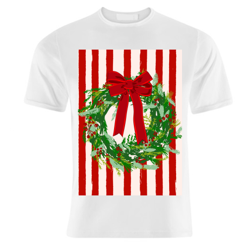Red Retro Stripes Coquette Christmas Wreath Art - unique t shirt by EZbie