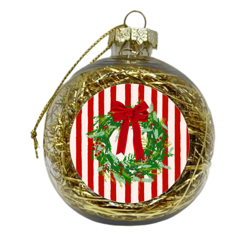 Red Retro Stripes Coquette Christmas Wreath Art - xmas bauble by EZbie